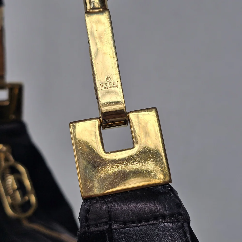 Vintage Authentic Gucci Black Suede Shoulder Purse With Gold Accents And GG - Picture 9 of 17